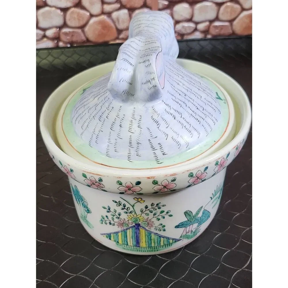 Vintage Kitschy Sweet Bunny Ceramic Casserole Easter Tureen Dish